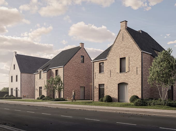 render 3d apartment block photorealistic design,wall elevation,modern brickhouse