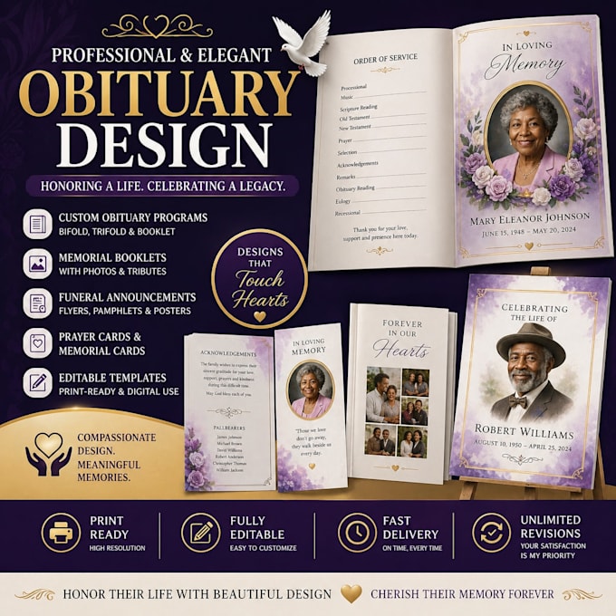design obituary program, funeral program, funeral flyer