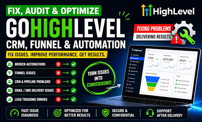 fix, audit and optimize your gohighlevel CRM, funnel and automation