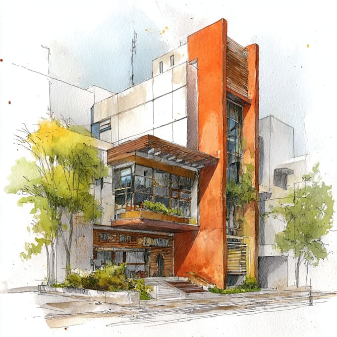 sketch architecture building with watercolor rendering