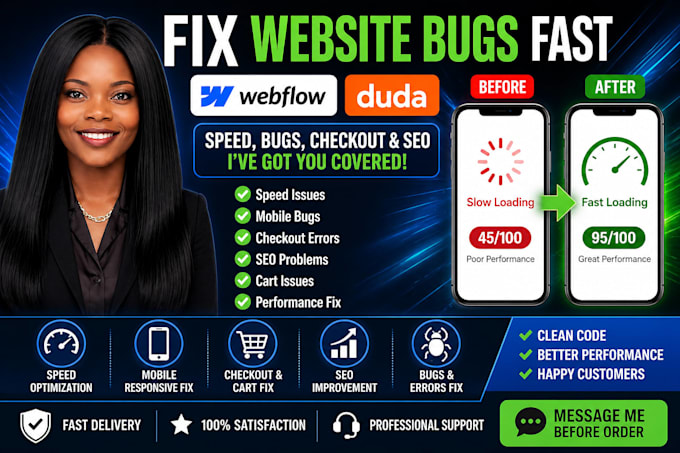 webflow duda speed bug mobile fix checkout error seo issue cart problem fix