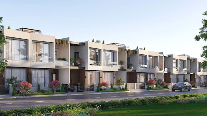 visualize modern row housing, townhouse development, residential township render