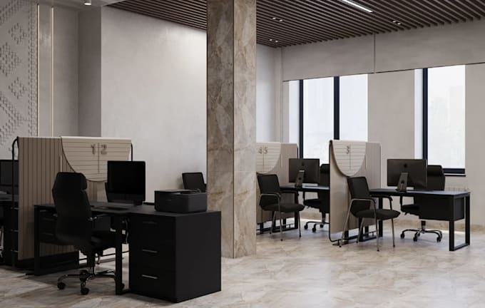 refine modern workspace,3d office interior design, commercial workstation render