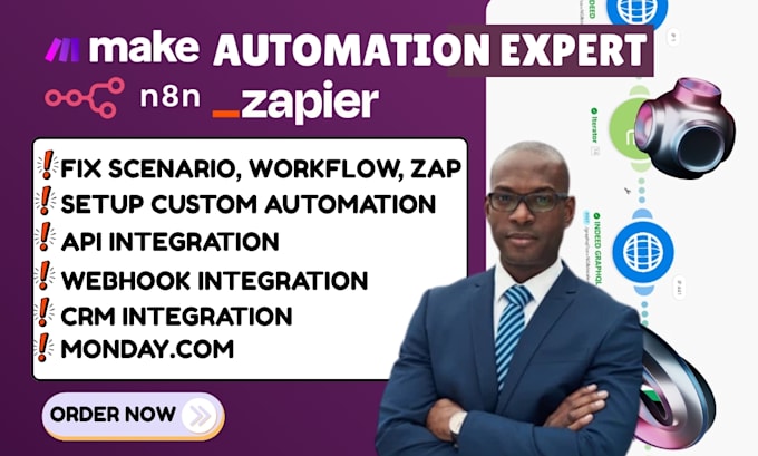 fix or setup make com automation, n8n automation, zapier automation, monday com