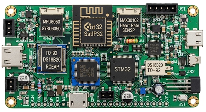 design iot pcb using esp32 stm32 with mpu6050 max30102 and ds18b20 sensor