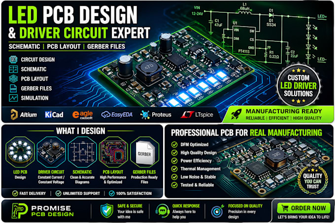 led pcb, driver circuit, schematic and pcb layout for electronics