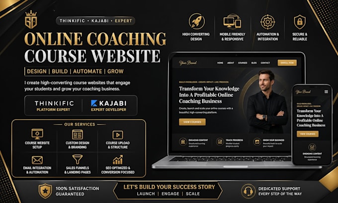 create your online coaching course website, thinkfic website, kajabi developer