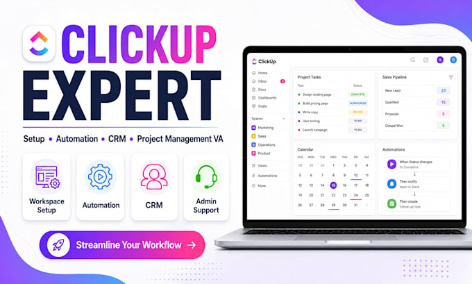 do clickup setup, clickup automation, clickup CRM, clickup project management VA