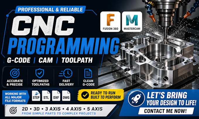 do cnc programming, g code, and toolpath using fusion 360 and mastercam cnc tool