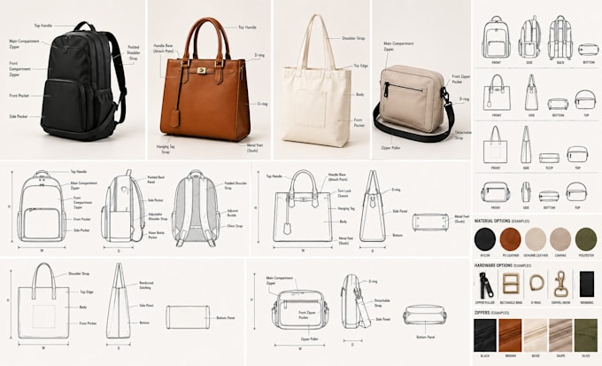 create bag design, backpack, handbag, tote bag and bag tech pack