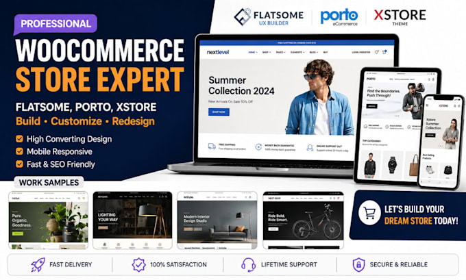 build flatsome woocommerce website, porto, xstore, customize ecommerce store