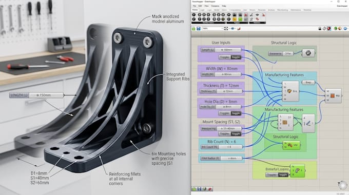 do mechanical 3d parametric design, algorithmic using grasshopper and rhino 3d