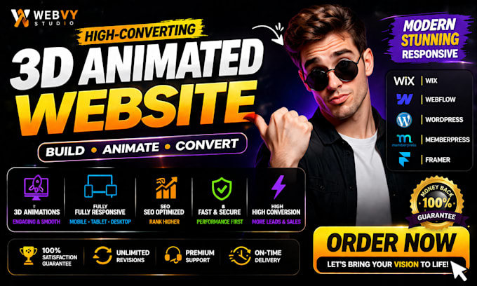 design a 3d animated website on wix webflow wordpress memberpress and framer