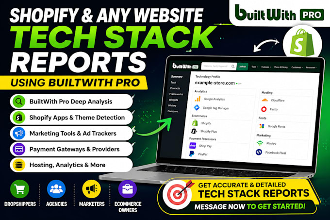 provide shopify or any tech stack reports using builtwith pro