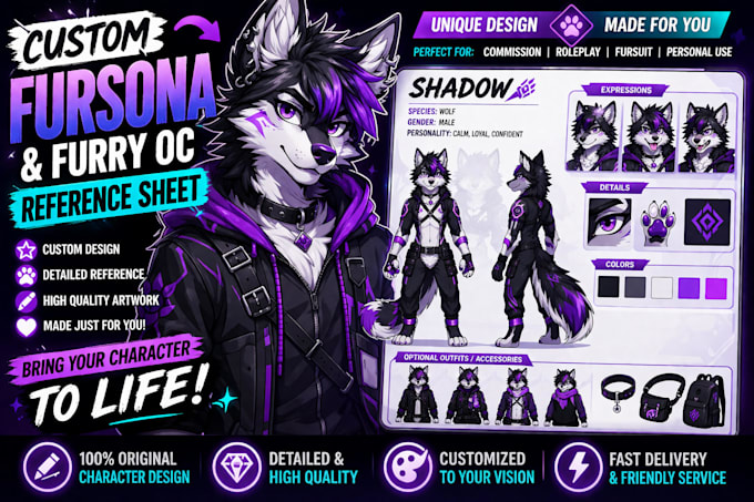 create custom detailed fursona oc and furry reference sheet