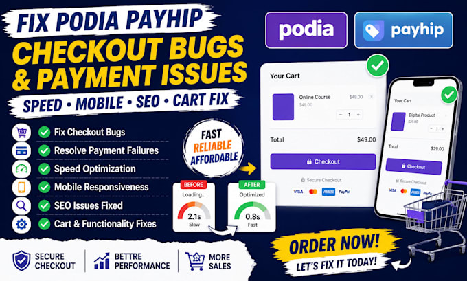 fix podia payhip checkout bug payment fail slow speed mobile issue SEO fix cart