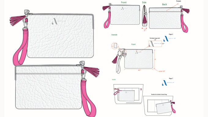 design bag, handbag, backpack tech packs, technical flat drawing for production
