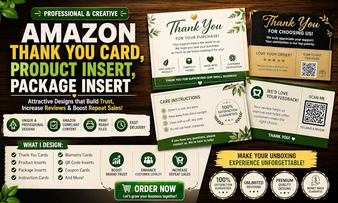 design amazon thank you card, product insert, package insert