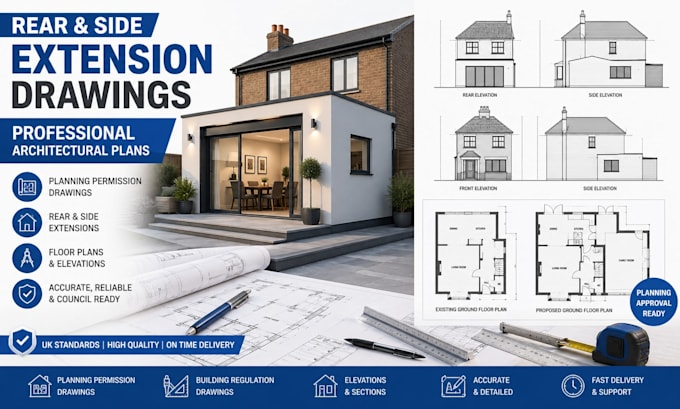 create rear extension and side extension architectural drawings
