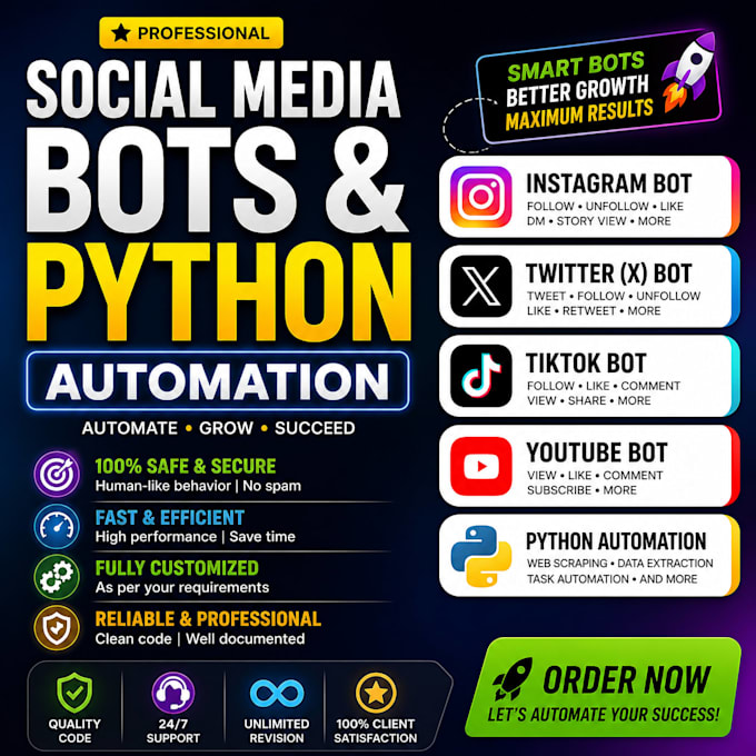 do instagram bot, tiktok bot, twitter x bot, youtube bot, python automation bot
