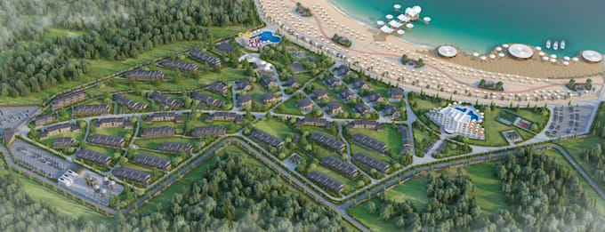 remodel 3d master plan visualization, landscape layout, resort complex rendering