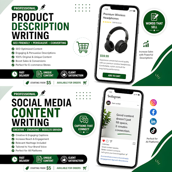 write captions, product descriptions and short content