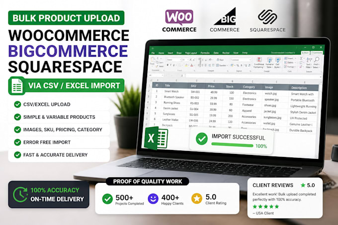 bulk product upload to bigcommerece woocommerce squarespace via csv excel import