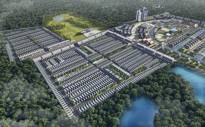 harmonize cgi township master plan,3d urban site development,aerial view housing