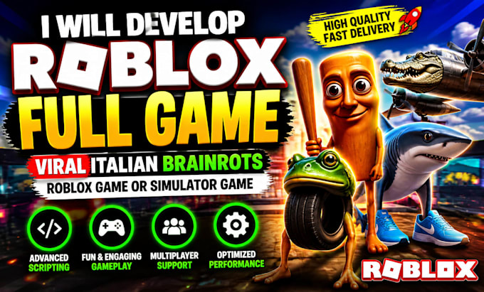 develop roblox full game, viral italian brainrots roblox game or simulator game