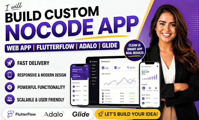 build custom nocode app, web app flutterflow adalo glide or mobile app developer