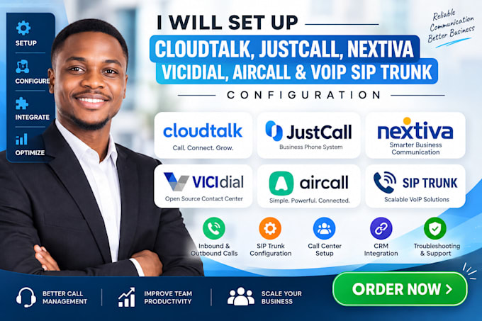 set up cloudtalk, justcall nextiva vicidial aircall voip sip trunk configuration