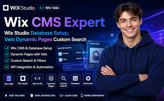 wix cms expert wix studio database setup velo dynamic pages custom search