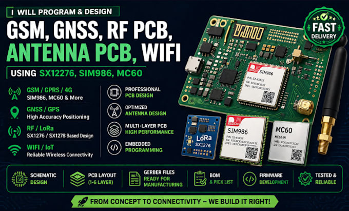 program and design GSM, gnss rf pcb using sx1276, sim986, mc60