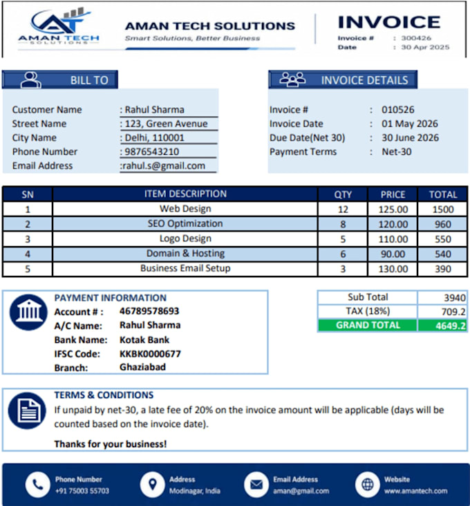 design a professional excel invoice template with automation