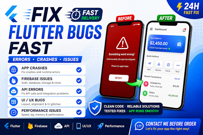 fix flutter app bugs, errors and crashes fast