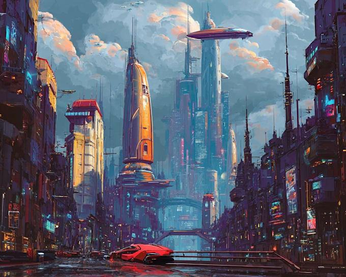 make a cyberpunk futuristic city art