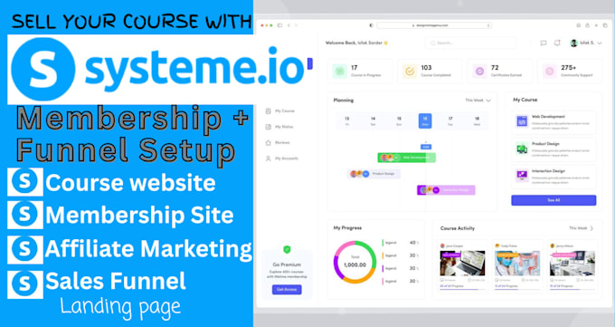 create systeme io course website, membership and affiliate sales funnel