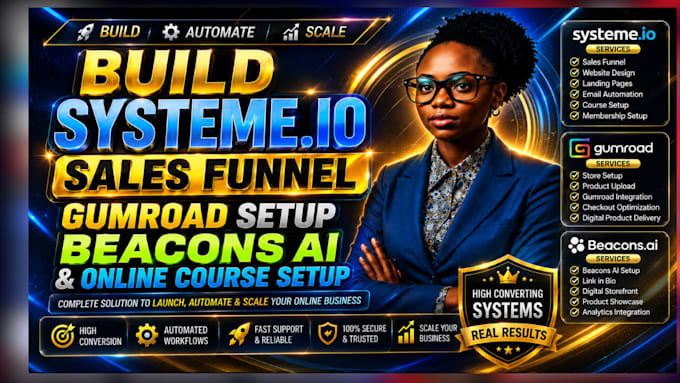 build systeme io sales funnel, gumroad setup, beacons ai and online course setup