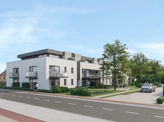 3d architectural rendering, modern residential apartment, cgi aerial view design