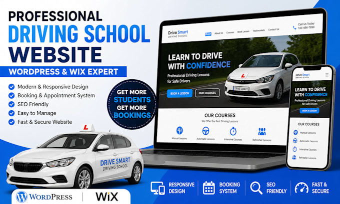 wordpress driving lesson website, driving school, driving instructor wix website