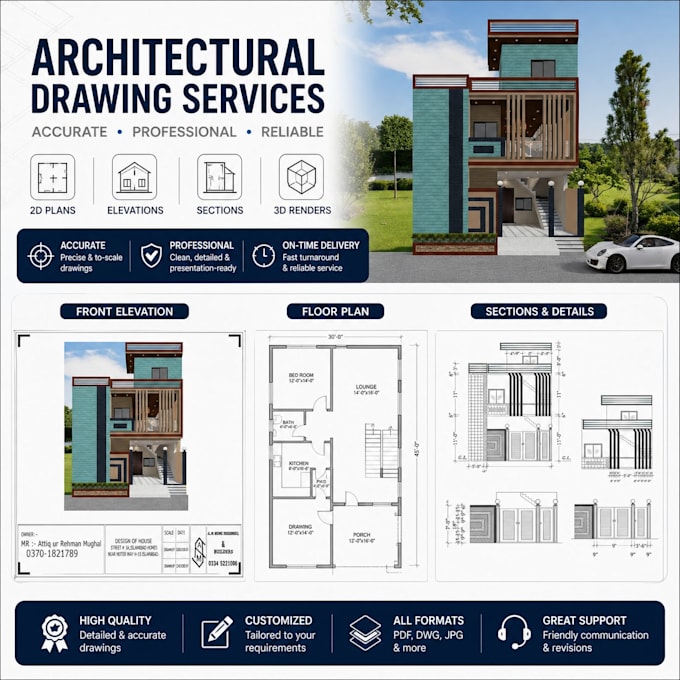 design modern 2d plans and 3d elevations