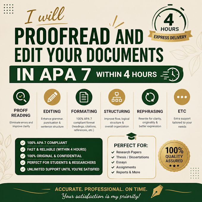 proofread and edit your document in apa 7 format within 4 hours