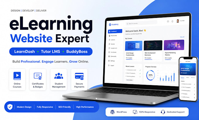 do learnworlds education elearning website using learn dash buddy boss tutor lms
