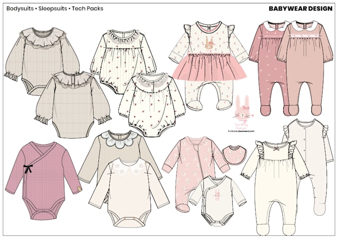 design baby bodysuits and sleepsuits with tech pack for production
