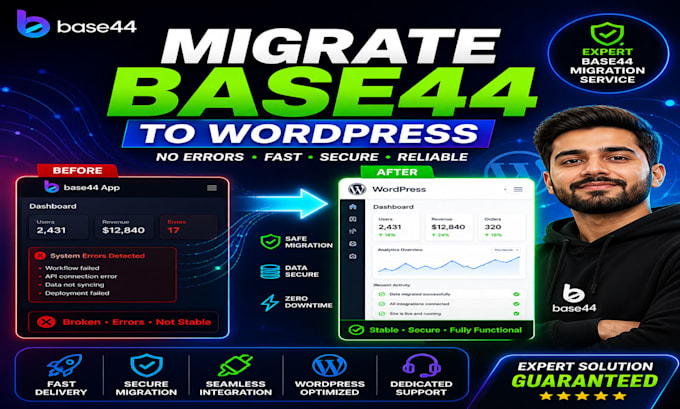 base44 migration, migrate base44 to wordpress, base44 bug fixing, deploy base44