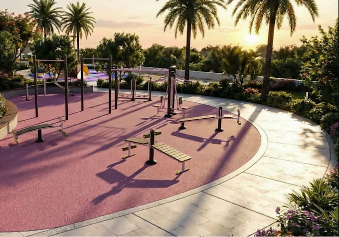 create realistic 3d landscape design, playground, park, garden,outdoor rendering