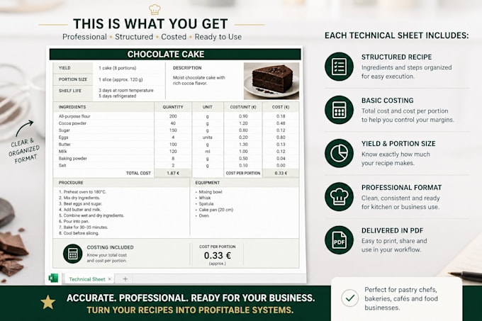 create professional pastry technical sheets with costing