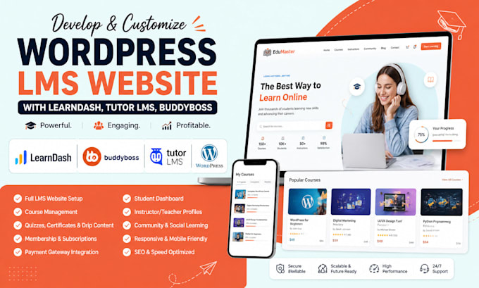 develop and customize wordpress lms website with learndash tutor lms buddyboss