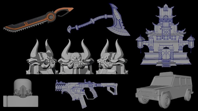 do 3d models, assets, guns, cars for roblox, ue, unity games