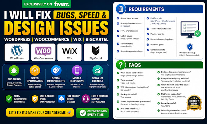 fix woocommerce wordpress bigcartel wix bugs speed error website design issues
